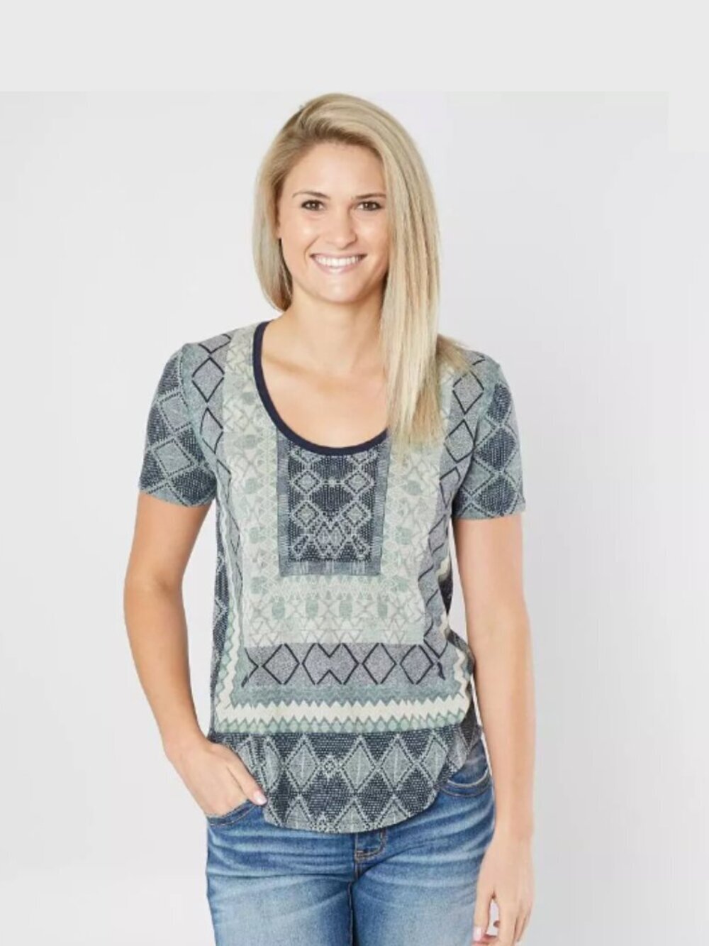 Lucky Brand Geometric Burnout Tee Scoop Neck Cotton Modal Blend Women's Size XL